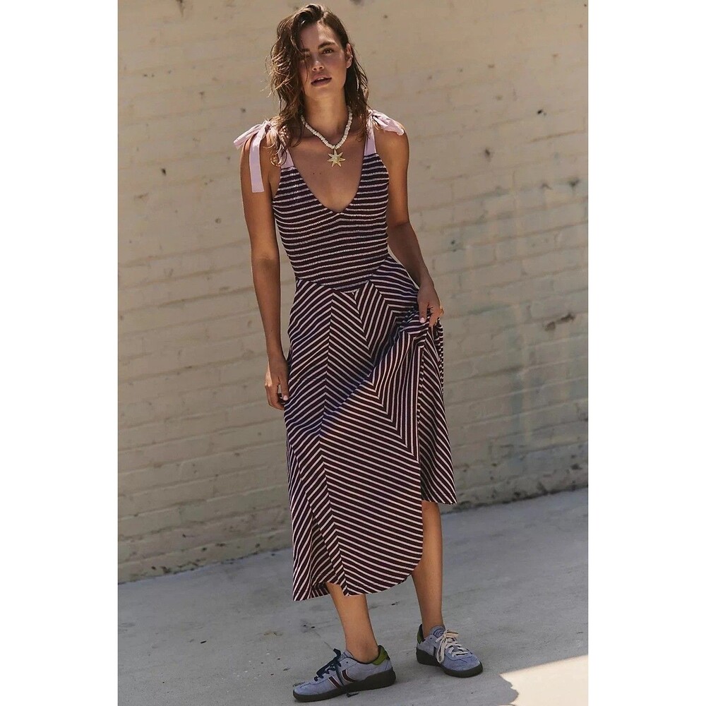 Free People Free-Est Cecelia Midi Dress Striped Printed Smocked Cotton XL 286360